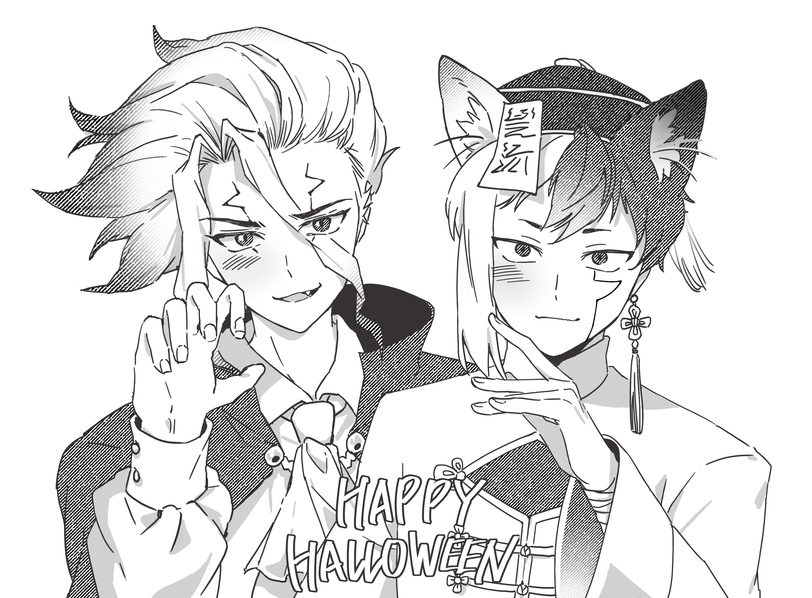 asagiri gen, ishigami senkuu, dr. stone, highres, 2boys, animal ear fluff, animal ears, blush, cape, cat boy, cat ears, claw pose, closed mouth, collared shirt, earrings, fang, greyscale, hair between eyes, halloween, halloween costume, hand up, happy halloween, hat, jewelry, jiangshi costume, long sleeves, looking at viewer, male focus, monochrome, multicolored hair, multiple boys, ofuda, open mouth, shirt, short hair, single earring, smile, tassel, tassel earrings, tttt0ouu, two-tone hair, upper body