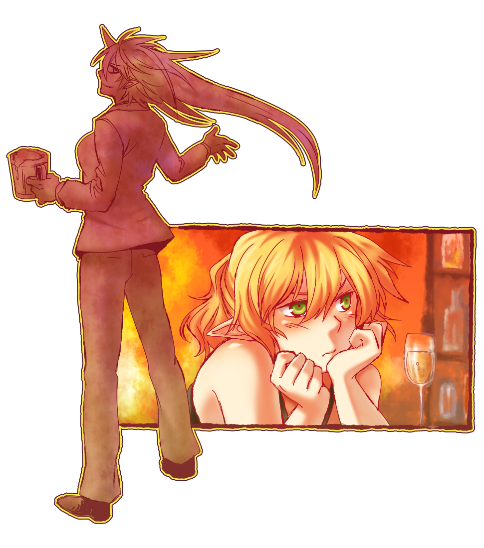 re ghotion, hoshiguma yuugi, mizuhashi parsee, touhou, bad id, bad pixiv id, 2girls, alcohol, alternate costume, beer, blonde hair, contemporary, cup, dreaming, female focus, green eyes, horns, mug, multiple girls, short hair, single horn, transparent background