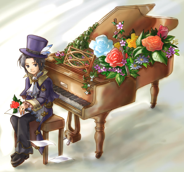 fuju, frederic chopin (trusty bell), trusty bell, 1boy, flower, formal clothes, gradient background, hat, instrument, male focus, piano, piano bench, plant, solo, top hat, white background