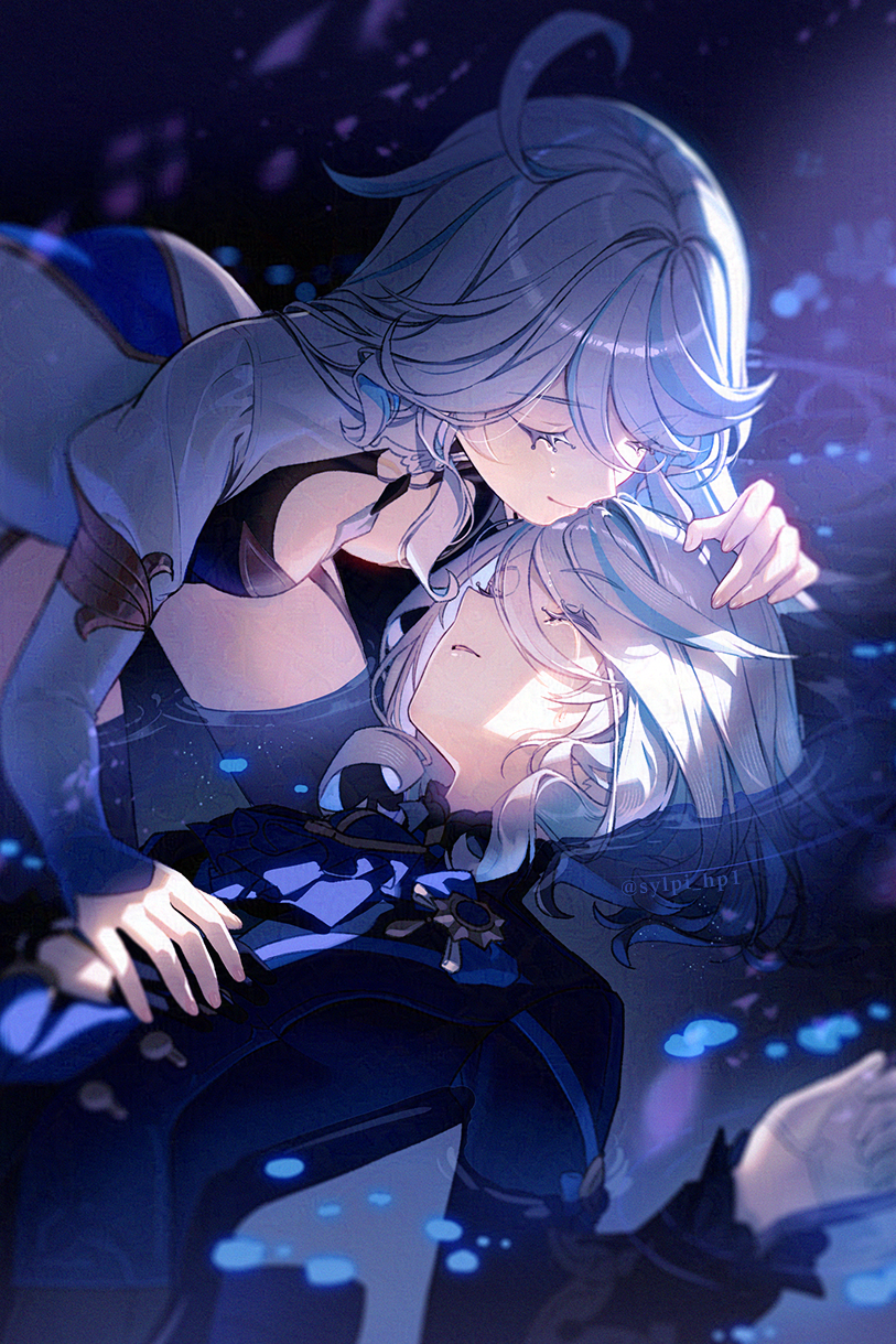 sylpi, focalors (genshin impact), furina (genshin impact), genshin impact, adversarial noise, commentary request, highres, 2girls, ^ ^, afloat, ahoge, ascot, asymmetrical gloves, bent over, black gloves, blue ascot, blue jacket, blue streaks, blurry, blurry background, breasts, buttons, chin rest, cleavage cutout, closed eyes, closed mouth, clothing cutout, curly hair, double-parted bangs, dress, expressionless, flipped bangs, gloves, hair between eyes, half gloves, hand on another's hand, hand on another's head, hand on own chest, head on head, head rest, jacket, juliet sleeves, light rays, long bangs, long hair, long hair between eyes, long sleeves, lying on water, mismatched gloves, multicolored hair, multiple girls, parted hair, parted lips, partially submerged, profile, puffy sleeves, sad smile, sea sparkle, short hair, sideways mouth, sleeping, sleeves past wrists, small breasts, smile, standing, streaked hair, sunbeam, sunlight, tears, twitter username, two-tone hair, u u, wading, white dress, white gloves, white hair