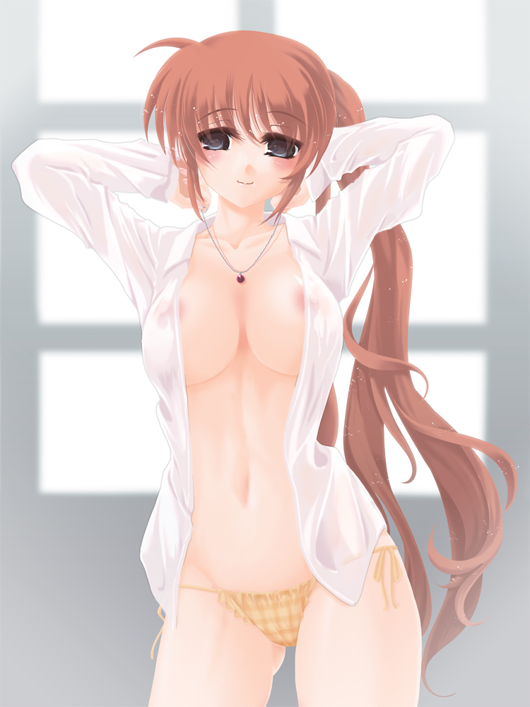 frapowa, raising heart, raising heart (standby mode), takamachi nanoha, lyrical nanoha, mahou shoujo lyrical nanoha, mahou shoujo lyrical nanoha strikers, 00s, 1girl, arms up, breasts, female focus, jewelry, long hair, necklace, no bra, open clothes, open shirt, panties, ponytail, see-through clothes, shirt, side-tie panties, solo, underwear, very long hair
