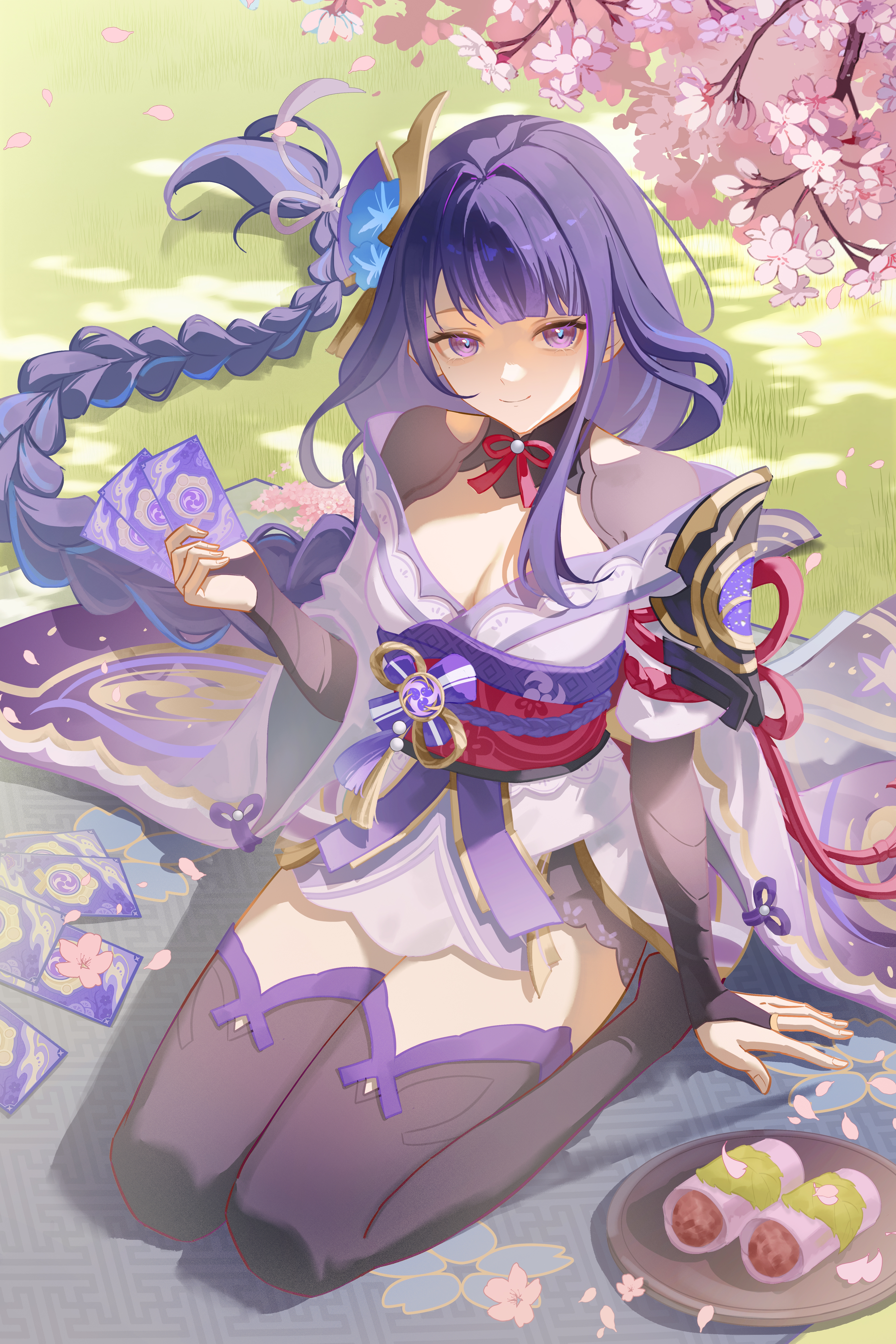 raiden shogun, genshin impact, absurdres, chinese commentary, commission, highres, 1girl, armor, blue flower, blunt bangs, braid, branch, breasts, bridal gauntlets, card, character playing cards, cherry blossoms, cleavage, closed mouth, clothing cutout, dappled sunlight, falling petals, fan hair ornament, flower, flower ornament, food, gradient hair, grass, hair ornament, hair ribbon, happy, head tilt, holding, holding card, japanese clothes, kimono, large breasts, light smile, lingerie, long braid, long hair, looking at viewer, mitsudomoe (shape), mochi, mole, mole under eye, multicolored hair, neck ribbon, off shoulder, outdoors, petals, picnic blanket, pink petals, plate, playing card, purple eyes, purple hair, purple kimono, purple ribbon, purple thighhighs, red ribbon, red sash, ribbon, sakura mochi, sash, seiza, shade, shoulder armor, shoulder cutout, single braid, sitting, solo, streaked hair, suguo25944, sunlight, thighhighs, tomoe (symbol), tree, tree shade, underwear, wagashi