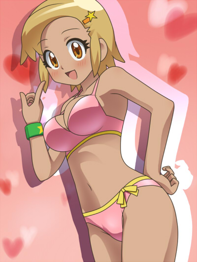 awa, angol mois, keroro gunsou, 1girl, bikini, blonde hair, dark-skinned female, dark skin, female focus, gyaru, hair ornament, hairpin, kogal, pink bikini, solo, swimsuit, wristband