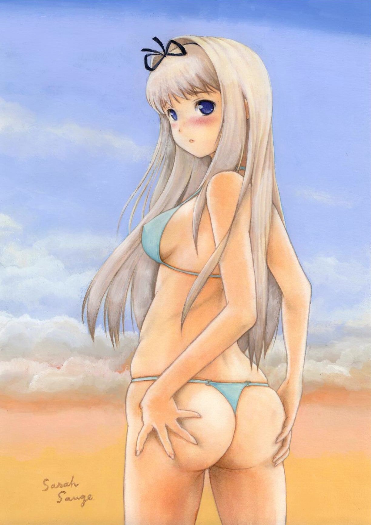 sarah sauge, kusugawa sasara, to heart (series), to heart 2, hands on ass, silver hair, bad id, bad pixiv id, highres, traditional media, 00s, 1girl, ass, bikini, blonde hair, blue eyes, blush, breasts, butt crack, cloud, day, female focus, from behind, grabbing own ass, halterneck, long hair, looking back, medium breasts, signature, solo, string bikini, swimsuit, thong bikini, weight conscious