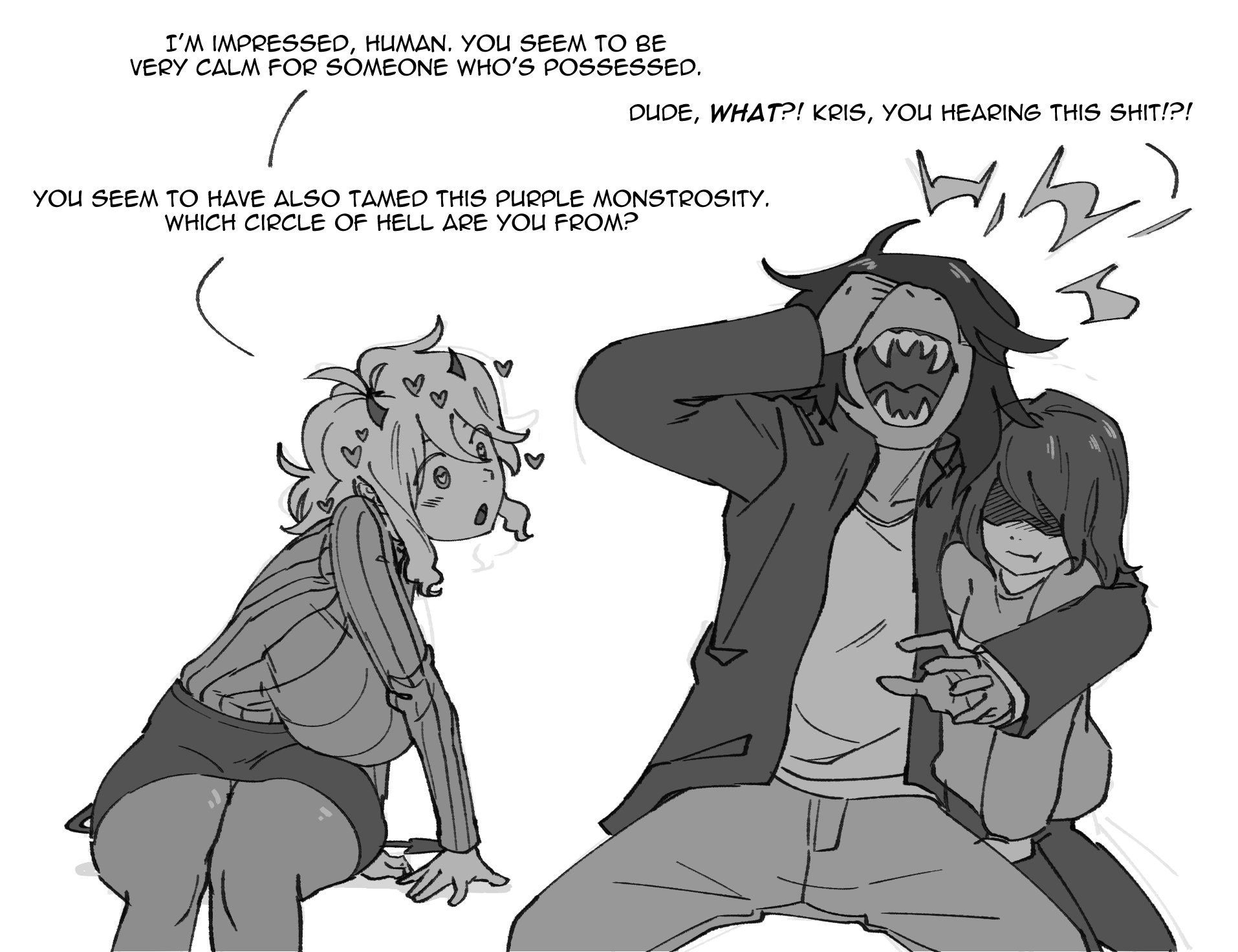 enjoyment (modeus enjoyer), kris (deltarune), modeus (helltaker), susie (deltarune), deltarune, helltaker, utdr (toby fox), highres, 1other, 2girls, breasts, demon, demon girl, demon horns, demon tail, dragon girl, english text, greyscale, hand on own face, heart, heart-shaped pupils, horns, hug, large breasts, laughing, looking at another, monochrome, multiple girls, open mouth, pantyhose, shaded face, sharp teeth, sitting, skirt, sweater, symbol-shaped pupils, tail, teeth