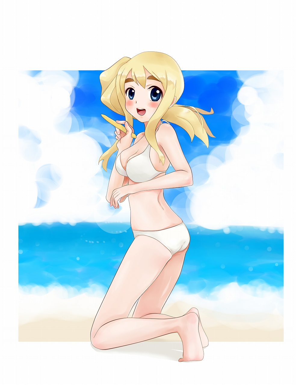 tera (teraura), kotobuki tsumugi, k-on!, highres, 00s, 1girl, alternate hairstyle, barefoot, beach, bikini, blonde hair, blue eyes, breasts, day, female focus, full body, kneeling, outdoors, side ponytail, sky, solo, stick, swimsuit, white bikini