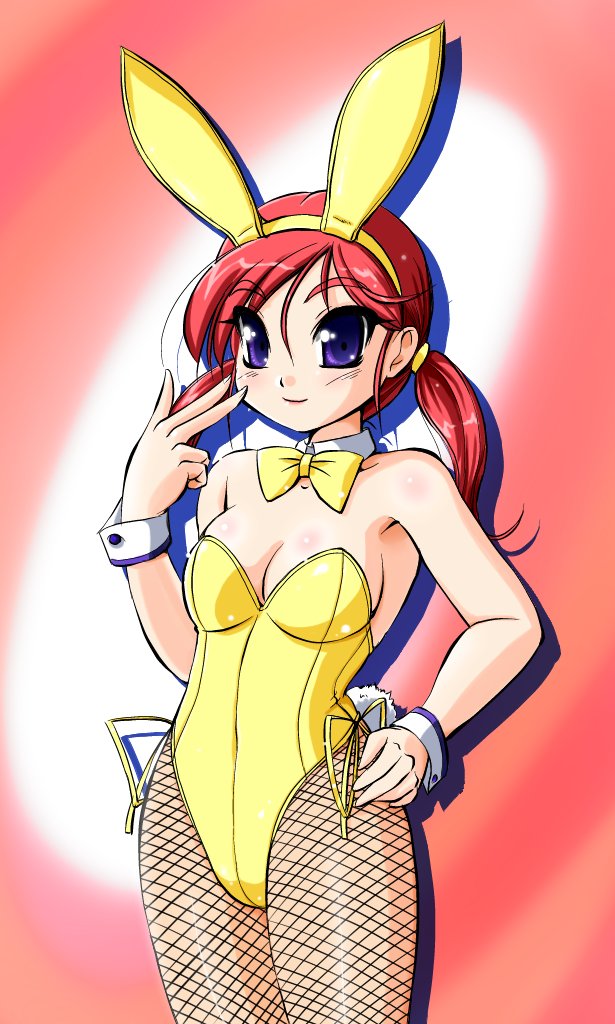 yuuyami sabou, bad id, bad pixiv id, animal ears, fake animal ears, fishnet pantyhose, fishnets, hand on own hip, hip focus, long hair, pantyhose, playboy bunny, purple eyes, rabbit ears, red hair, solo, twintails