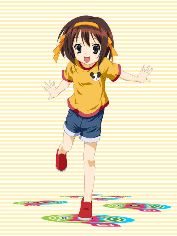 hiro 23 kura, lavoy (kurakuro), suzumiya haruhi, suzumiya haruhi (young), suzumiya haruhi no yuuutsu, 00s, 1girl, aged down, brown hair, female focus, hairband, orange shirt, panda, shirt, solo