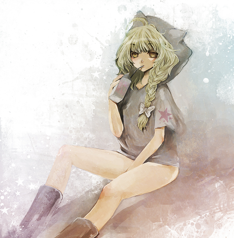 duca, kirisame marisa, touhou, 1girl, blonde hair, bottomless, braid, female focus, juice box, no panties, sitting, solo, yellow eyes