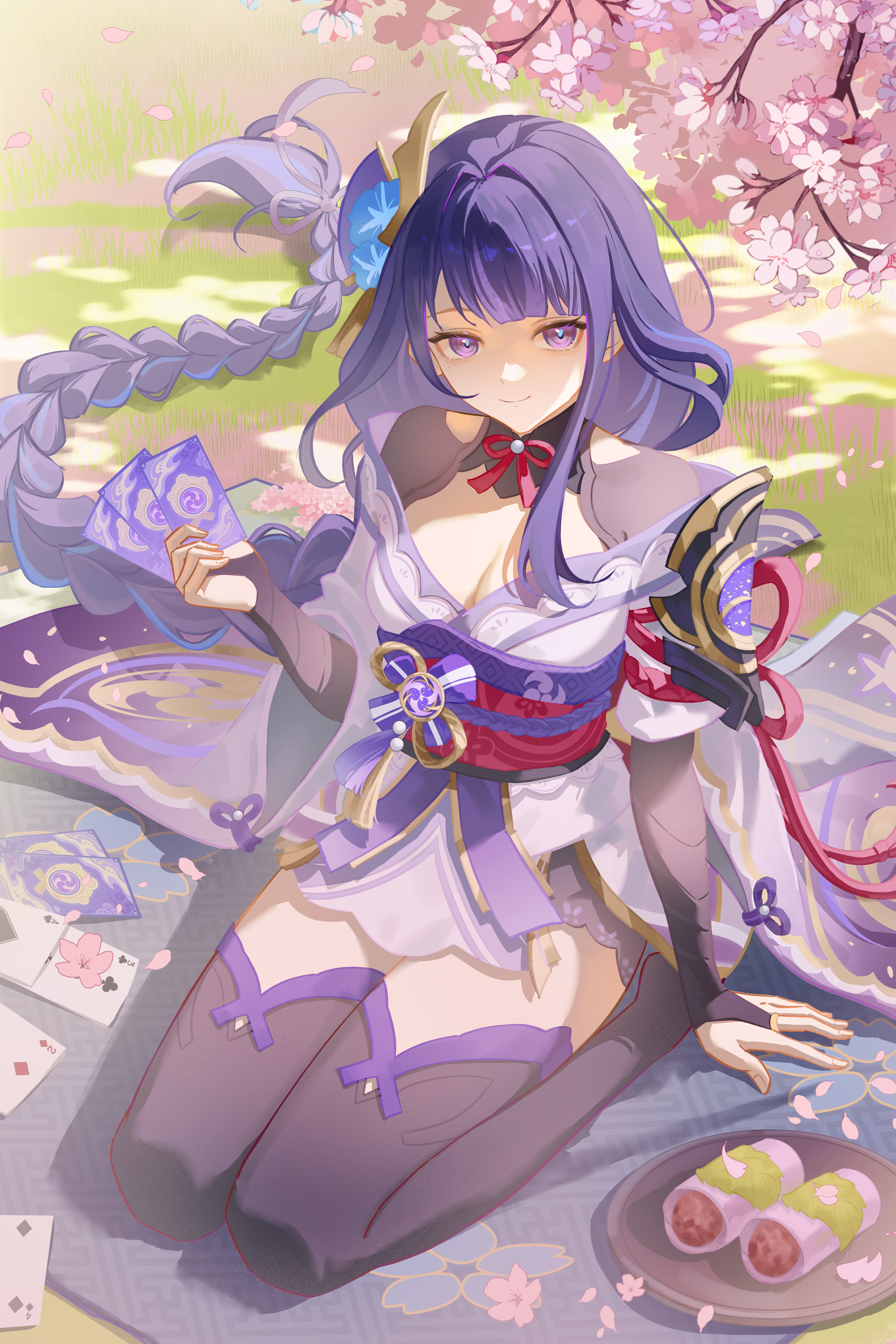 raiden shogun, genshin impact, absurdres, chinese commentary, commission, highres, 1girl, armor, blue flower, blue pupils, blunt bangs, braid, branch, breasts, bridal gauntlets, card, card game, character playing cards, cherry blossoms, cleavage, closed mouth, clothing cutout, dappled sunlight, deck of cards, falling petals, fan hair ornament, flower, flower ornament, food, gradient hair, grass, hair ornament, hair ribbon, happy, head tilt, holding, holding card, japanese clothes, kimono, large breasts, light smile, lingerie, long braid, long hair, looking at viewer, mitsudomoe (shape), mochi, mole, mole under eye, multicolored eyes, multicolored hair, neck ribbon, off shoulder, outdoors, petals, picnic blanket, pink petals, plate, playing card, purple eyes, purple hair, purple kimono, purple ribbon, purple thighhighs, red ribbon, red sash, ribbon, sakura mochi, sash, seiza, shade, shoulder armor, shoulder cutout, single braid, sitting, solo, streaked hair, suguo25944, sunlight, thighhighs, tomoe (symbol), tree, tree shade, underwear, wagashi