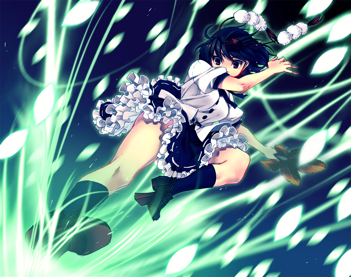 misti, shameimaru aya, touhou, 1girl, black hair, black socks, danmaku, female focus, frills, geta, hand fan, hat, kicking, kneehighs, loafers, looking at viewer, outstretched leg, shoes, short hair, socks, solo, tengu-geta, tokin hat