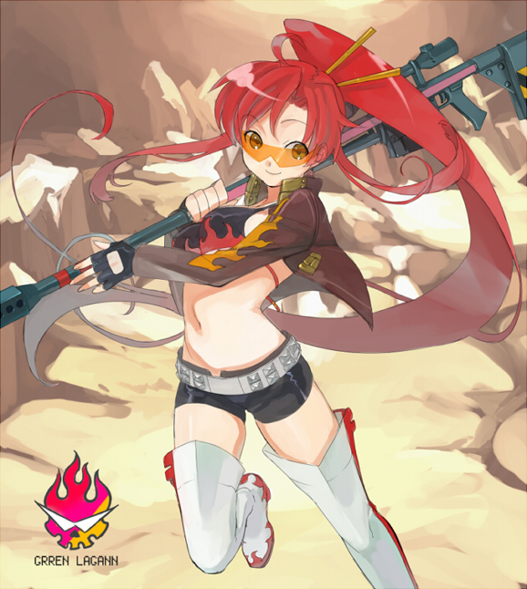 01 0219, yoko littner, tengen toppa gurren lagann, visor, 00s, anti-materiel rifle, belt, bikini, bikini top only, boots, chopsticks, fingerless gloves, glasses, gloves, gun, jacket, long hair, looking over eyewear, looking over glasses, midriff, orange-tinted eyewear, orange-tinted glasses, ponytail, red hair, rifle, short shorts, shorts, smile, sniper rifle, studded belt, sunglasses, swimsuit, thigh boots, thighhighs, tinted eyewear, very long hair, weapon, yellow eyes