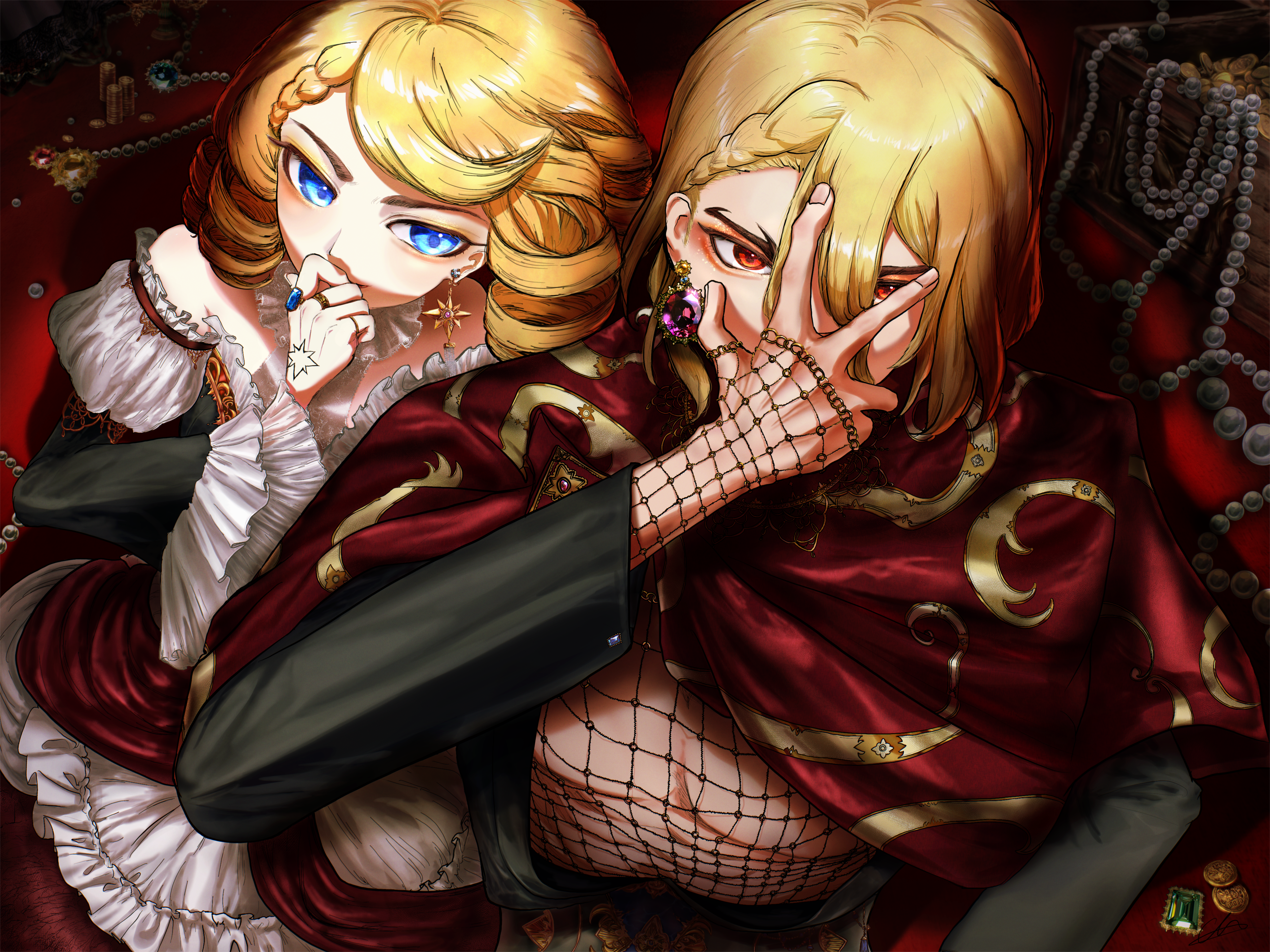 francois (dr. stone), nanami ryuusui, dr. stone, absurdres, highres, 1boy, 1girl, bare shoulders, blonde hair, blue eyes, braid, braided bangs, brother and sister, cape, coin, covering face, covering own mouth, dress, drill hair, earrings, fishnet gloves, fishnet top, fishnets, frilled dress, frilled sleeves, frills, gem, gloves, gold, green gemstone, hair between eyes, hand on own face, hand over own mouth, jewelry, juliet sleeves, long sleeves, looking at viewer, medium hair, multiple rings, necklace, pearl (gemstone), pearl necklace, puffy sleeves, purple gemstone, red cape, red eyes, red gemstone, ring, saveme1048596, short hair, siblings, sitting, treasure chest, upper body, wide sleeves