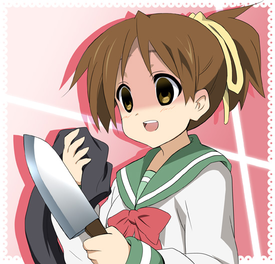 sen (astronomy), hirasawa ui, k-on!, bad id, bad pixiv id, 00s, 1girl, brown eyes, brown hair, empty eyes, female focus, knife, pantyhose, ponytail, school uniform, serafuku, shaded face, short hair, solo, yandere