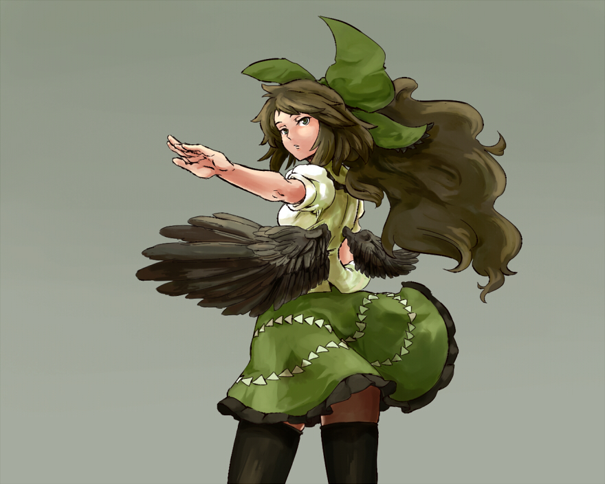 shibasaki shouji, reiuji utsuho, touhou, bad id, bad pixiv id, 1girl, black hair, bow, female focus, hair bow, long hair, simple background, solo, thighhighs, wings, zettai ryouiki