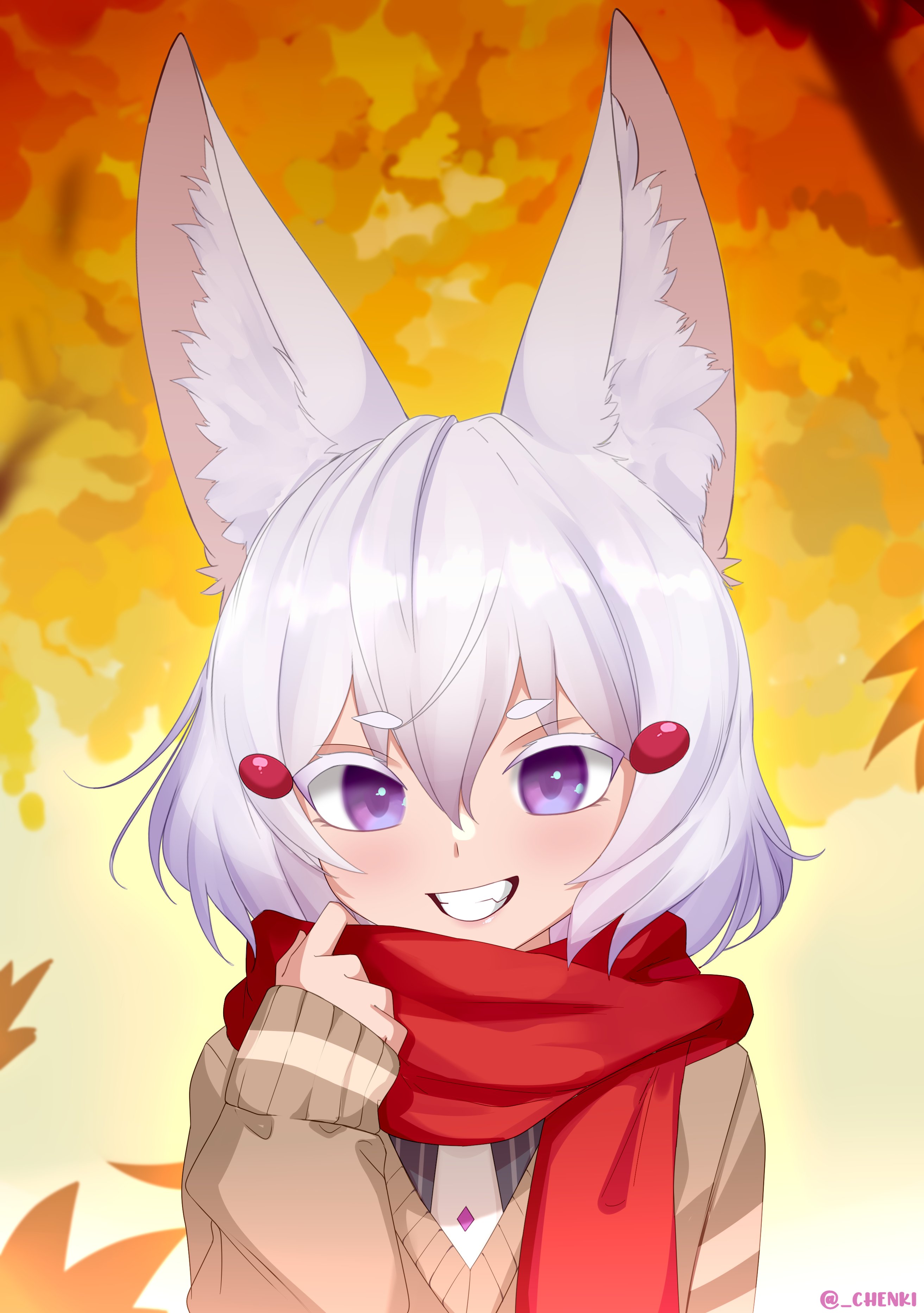 chenki (chenki), tenma maemi, phase connect, absurdres, commentary, english commentary, highres, 1girl, animal ear fluff, animal ears, artist name, brown sweater, fox ears, fox girl, grin, looking at viewer, parted lips, purple eyes, red scarf, scarf, short hair, sleeves past wrists, smile, solo, straight-on, sweater, thick eyebrows, thick eyelashes, twitter username, upper body, white hair