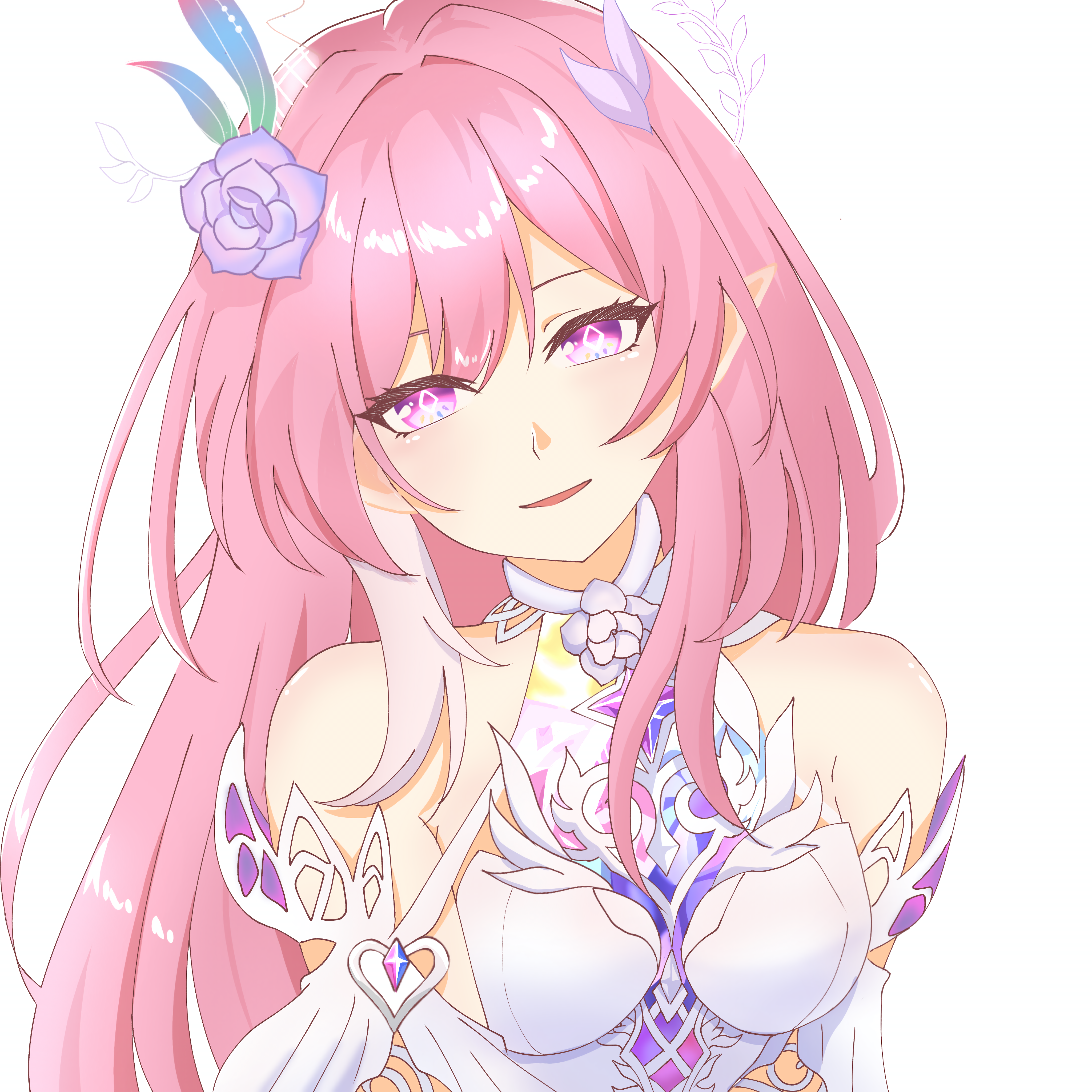 cyrene (honkai: star rail), cyrene (ripples of past reverie) (honkai: star rail), honkai: star rail, honkai (series), absurdres, highres, 1girl, bare shoulders, breasts, detached sleeves, dress, flower, hair flower, hair ornament, long hair, looking at viewer, medium breasts, pink eyes, pink hair, pointy ears, smile, solo, white dress, yoee