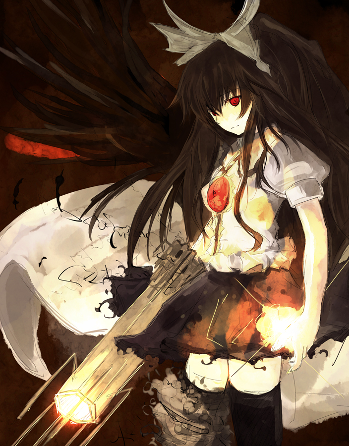 asagi (kabocha oukoku), asagi shii, hisago (pixiv), reiuji utsuho, touhou, bad id, bad pixiv id, 1girl, black hair, black wings, female focus, red eyes, sketch, skirt, solo, thighhighs, wings, zettai ryouiki