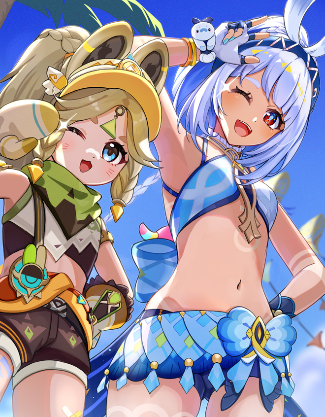 310setsu, kachina (genshin impact), mualani (genshin impact), genshin impact, commentary request, 2girls, ;d, armpits, black shorts, blue eyes, blue sky, body markings, breasts, brown eyes, brown hair, chinchilla ears, chinchilla girl, cowboy shot, fish-shaped pupils, glint, halo, long hair, looking at viewer, midriff, multiple girls, navel, one eye closed, open mouth, palm tree, shorts, sky, smile, stomach, tree, visor cap, white hair, yellow halo