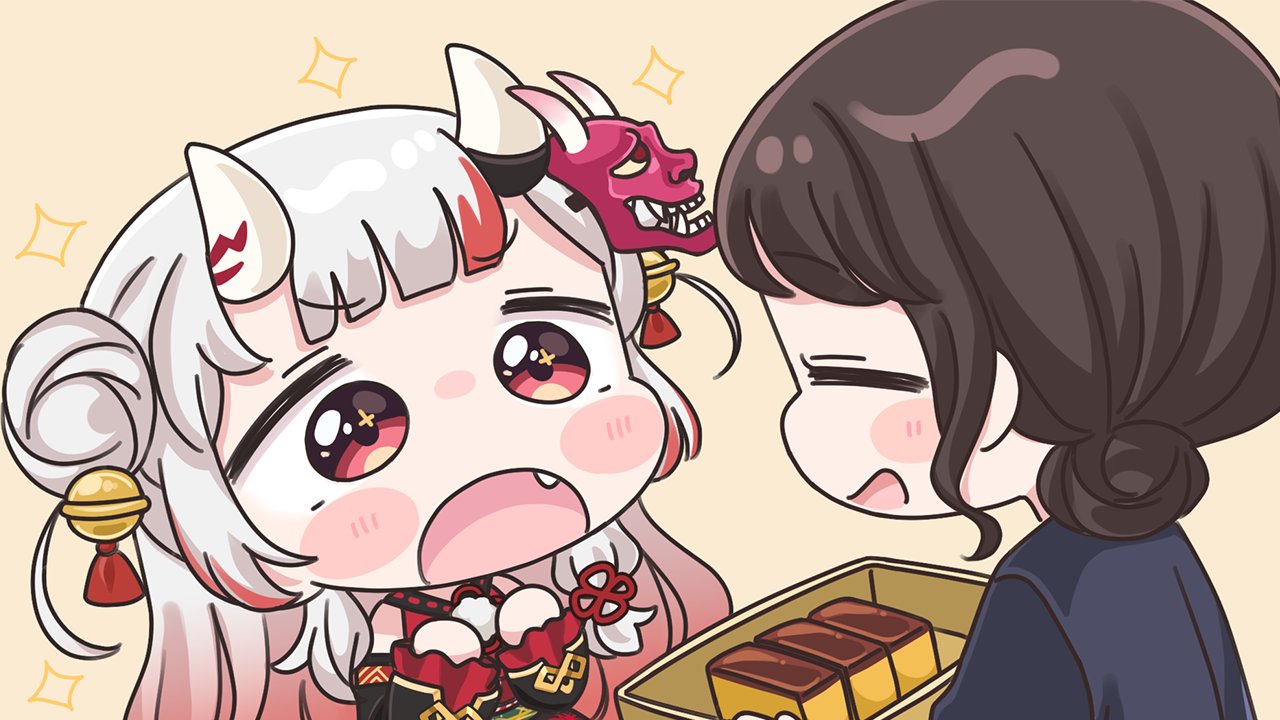 mochimiko, nakiri ayame, nakiri ayame (1st costume), hololive, commentary request, food request, 2girls, :d, :o, bare shoulders, bell, black kimono, blush stickers, brown background, brown hair, chibi, double bun, fang, food, grey hair, hair bell, hair bun, hair ornament, hands up, horns, japanese clothes, jingle bell, kimono, long sleeves, mask, mask on head, multicolored hair, multiple girls, obi, oni, oni mask, open mouth, red eyes, red hair, sash, smile, sparkle, streaked hair, virtual youtuber