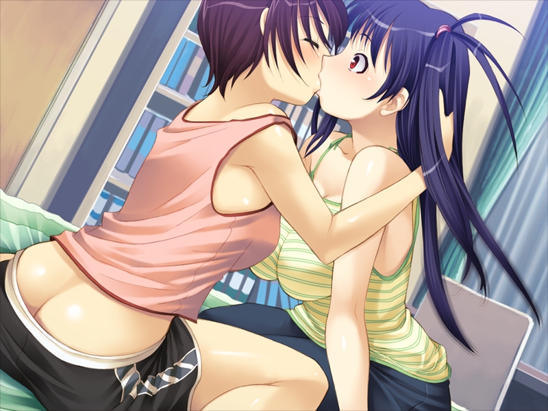 senbata-roh, sayama makoto, watase kanagi, kanagi-inmu gakuen, game cg, non-web source, 2girls, armpits, ass, bed, blue hair, blush, bookshelf, breasts, butt crack, camisole, closed eyes, couple, denim, downpants, dutch angle, indoors, jeans, kiss, kneeling, large breasts, long hair, multiple girls, no bra, no panties, pants, purple hair, red eyes, shirt, short hair, shorts, sitting, striped clothes, striped shirt, surprised, tank top, twintails, yuri