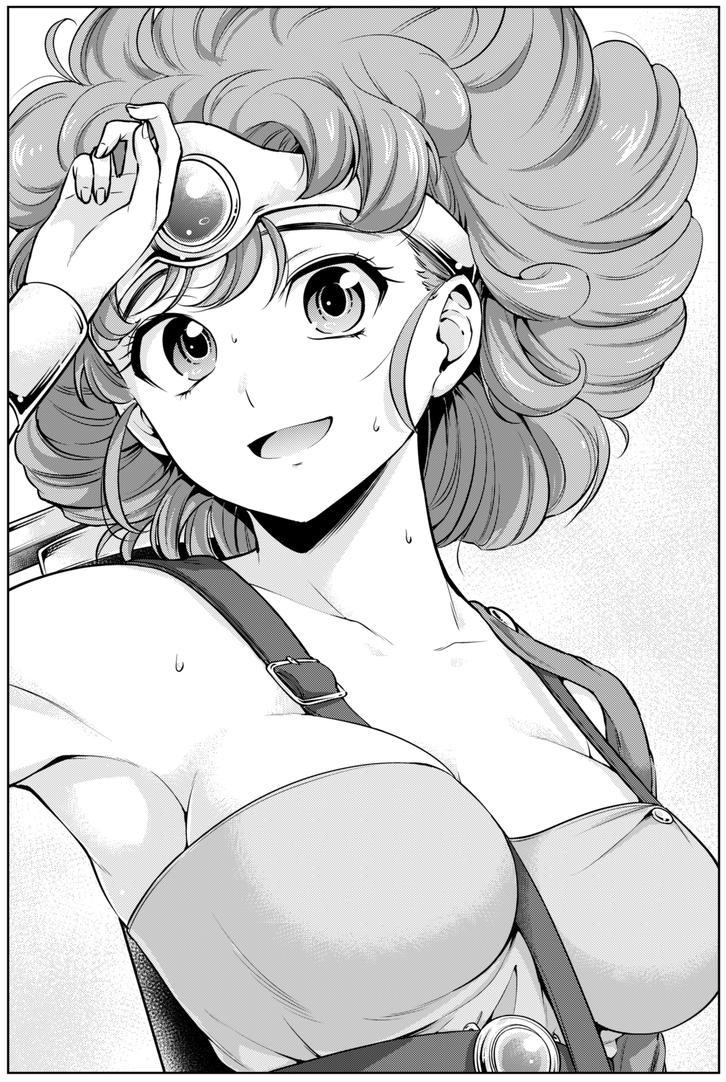 hinoharaf (14310486), fluffy hair, absurdres, character request, copyright request, highres, 1girl, arm up, armpits, border, breasts, collarbone, greyscale, headband, large breasts, looking at viewer, medium hair, monochrome, open mouth, shirt, smile, solo, strapless, strapless shirt, sweat, upper body