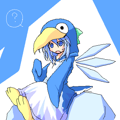 yuuhi alpha, cirno, touhou, lowres, 1girl, ?, bird, blue eyes, blue hair, blush, costume, female focus, ice, matching hair/eyes, oekaki, penguin, solo