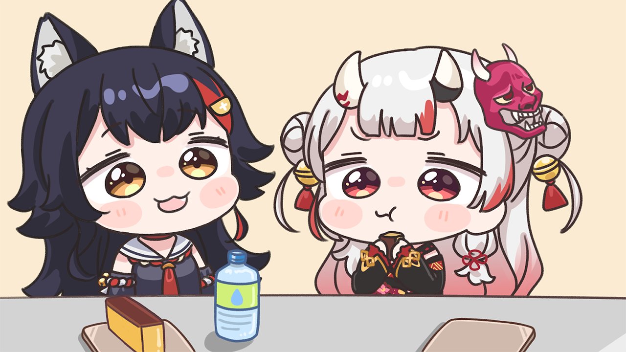 mochimiko, nakiri ayame, nakiri ayame (1st costume), ookami mio, ookami mio (1st costume), hololive, food request, 2girls, animal ear fluff, animal ears, bell, black hair, black kimono, black shirt, black sleeves, bottle, brown background, brown eyes, chibi, detached sleeves, double bun, eating, food, gradient hair, grey hair, hair bell, hair bun, hair ornament, holding, holding food, horns, japanese clothes, jingle bell, kimono, long hair, mask, mask on head, multicolored hair, multiple girls, off shoulder, oni, oni mask, red eyes, red hair, sailor collar, shirt, simple background, sleeveless, sleeveless shirt, streaked hair, upper body, very long hair, virtual youtuber, water bottle, water drop, white sailor collar, wolf ears