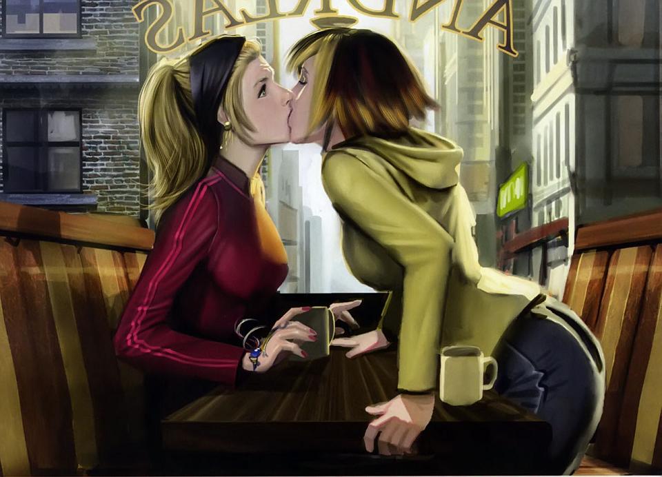 original, 2girls, bandana, blonde hair, closed eyes, coffee, cup, denim, jeans, jewelry, kiss, multiple girls, nail polish, pants, ponytail, realistic, short hair, sweater, table, yuri