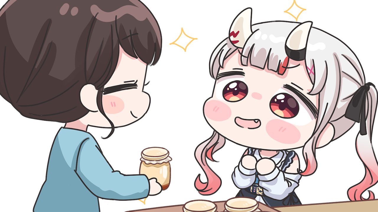 mochimiko, nakiri ayame, nakiri ayame (girly), hololive, 2girls, :d, black bow, black skirt, blue shirt, blush stickers, bow, brown hair, chibi, clothing cutout, collared shirt, fang, gradient hair, grey hair, hair bow, hair ornament, holding, horns, jar, long hair, long sleeves, multicolored hair, multiple girls, oni, open mouth, puffy long sleeves, puffy sleeves, red eyes, red hair, shirt, shoulder cutout, simple background, skirt, smile, sparkle, streaked hair, twintails, very long hair, virtual youtuber, white background, white shirt, x hair ornament