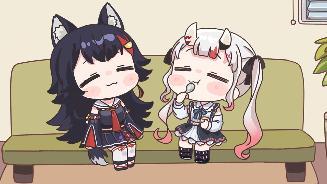 mochimiko, nakiri ayame, nakiri ayame (girly), ookami mio, ookami mio (1st costume), hololive, 2girls, :t, animal ear fluff, animal ears, black hair, black shirt, black shoes, black skirt, black sleeves, chibi, closed eyes, closed mouth, collared shirt, couch, detached sleeves, gradient hair, grey hair, holding, holding spoon, indoors, long hair, long sleeves, multicolored hair, multiple girls, on couch, puffy long sleeves, puffy sleeves, sailor collar, shirt, shoes, skirt, sleeveless, sleeveless shirt, spoon, streaked hair, tail, thighhighs, twintails, very long hair, virtual youtuber, wavy mouth, white sailor collar, white shirt, white sleeves, white thighhighs, window blinds, wolf ears, wolf girl, wolf tail