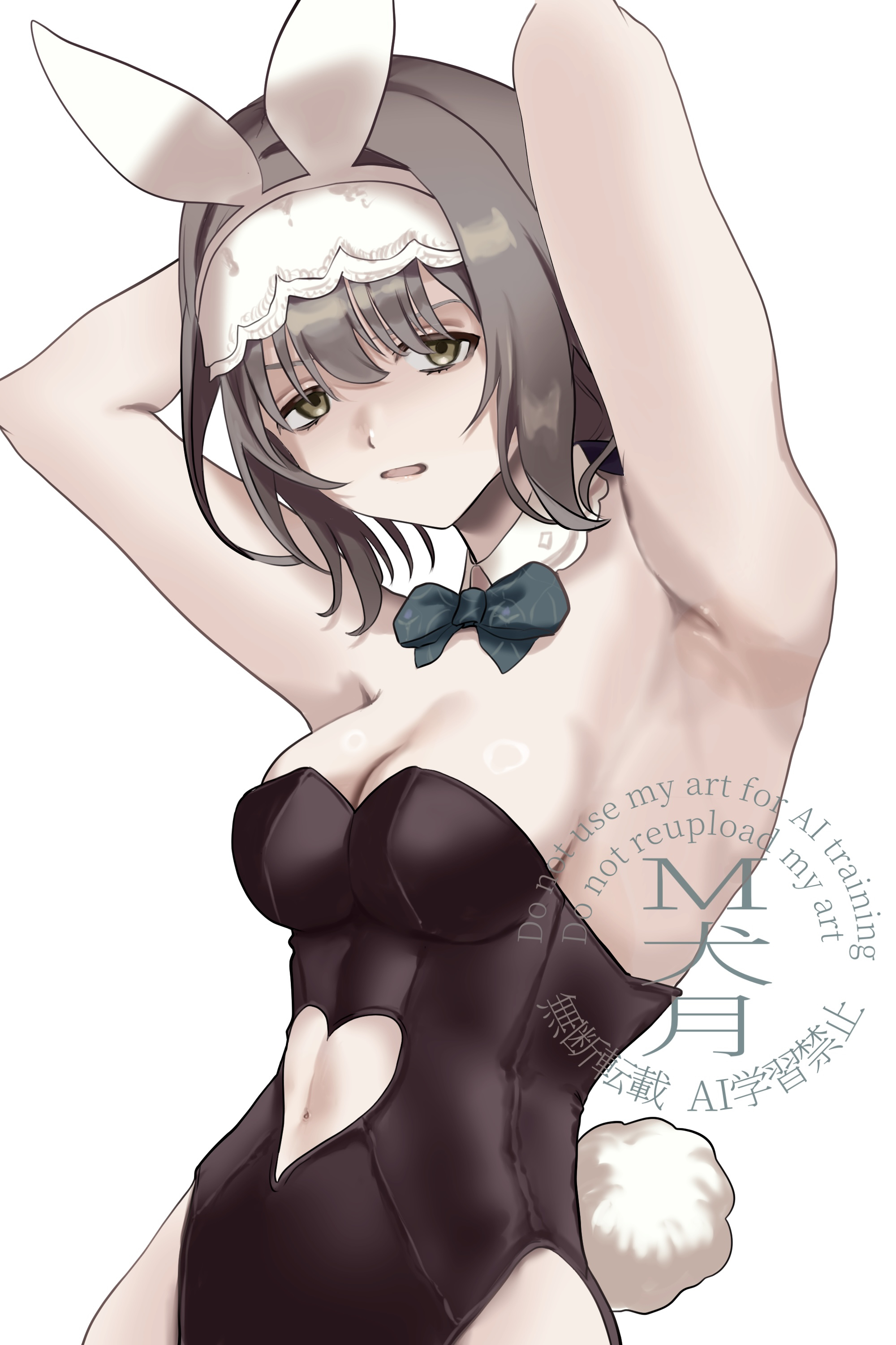 hiwatari kanae, gakuen idolmaster, idolmaster, absurdres, commentary, highres, 1girl, animal ears, armpits, arms up, bare shoulders, black leotard, bow, bowtie, clothing cutout, detached collar, fake animal ears, green bow, green bowtie, green eyes, inuinutuki, leotard, medium hair, navel cutout, parted lips, playboy bunny, solo, strapless, strapless leotard, watermark