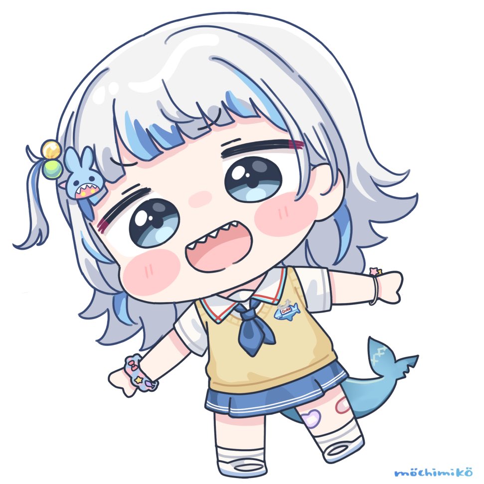 mochimiko, gawr gura, gawr gura (school uniform), hololive, hololive english, commentary request, 1girl, :d, blue eyes, blue hair, blue neckerchief, blue skirt, blush stickers, chibi, collared shirt, fins, fish tail, full body, grey hair, hair bobbles, hair ornament, looking at viewer, multicolored hair, neckerchief, one side up, open mouth, outstretched arms, shark tail, sharp teeth, shirt, shoes, short sleeves, signature, simple background, skirt, smile, socks, solo, spread arms, streaked hair, sweater vest, tail, teeth, virtual youtuber, white background, white shirt, white shoes, white socks