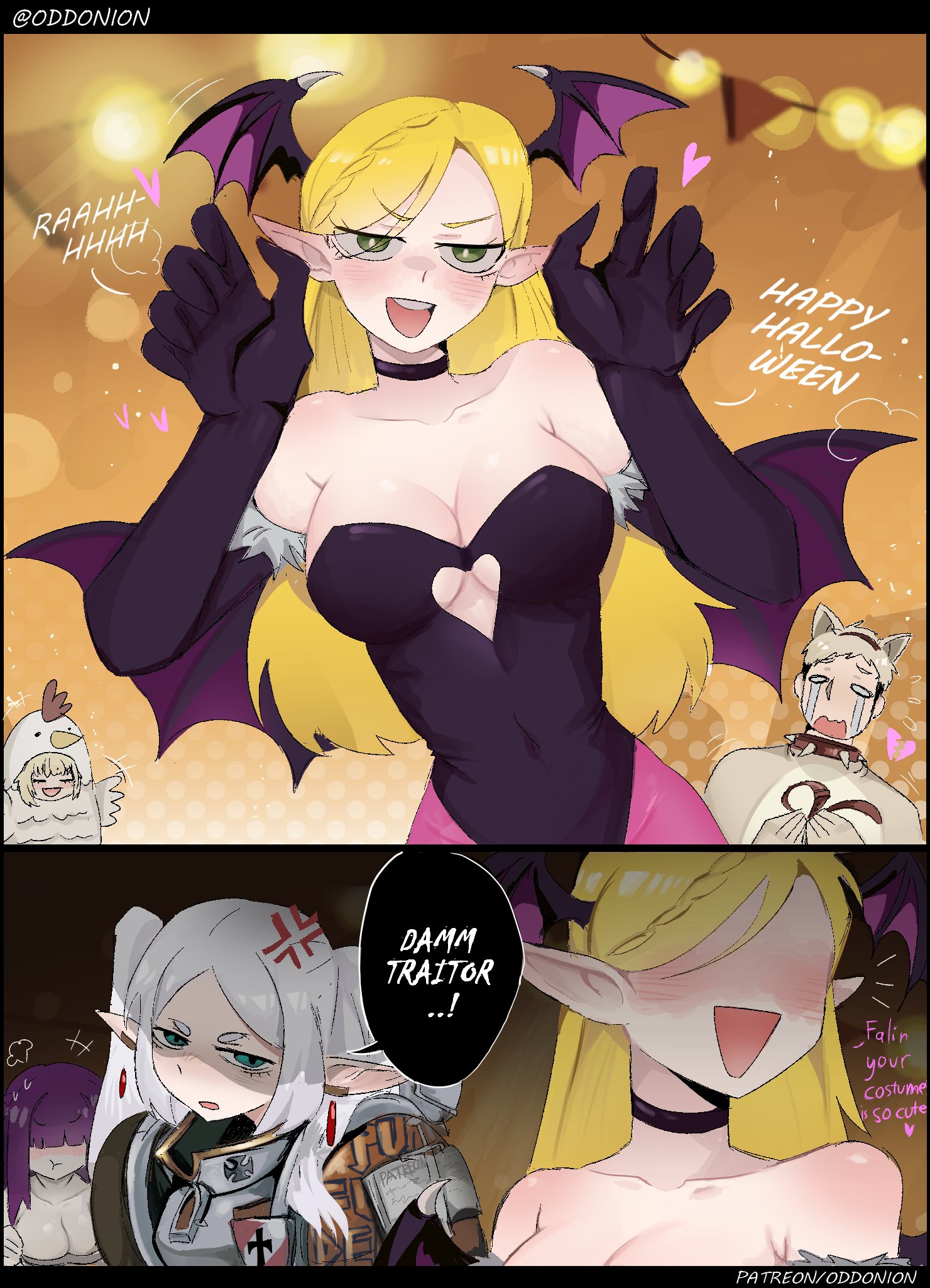 odd onion, adeptus astartes, falin touden, fern (sousou no frieren), frieren, laios touden, marcille donato, dungeon meshi, sousou no frieren, warhammer 40k, highres, 1boy, 5girls, adeptus astartes (cosplay), anger vein, angry, animal ears, armor, artist name, bare shoulders, bat wings, blonde hair, breasts, chicken costume, choker, cleavage, cleavage cutout, clothing cutout, collar, cosplay, covered navel, crying, elbow gloves, elf, english text, gloves, halloween, large breasts, light blush, long hair, looking at another, looking at viewer, looking to the side, multiple girls, pantyhose, patreon username, pointy ears, power armor, purple hair, short hair, speech bubble, spiked collar, spikes, white hair, wings