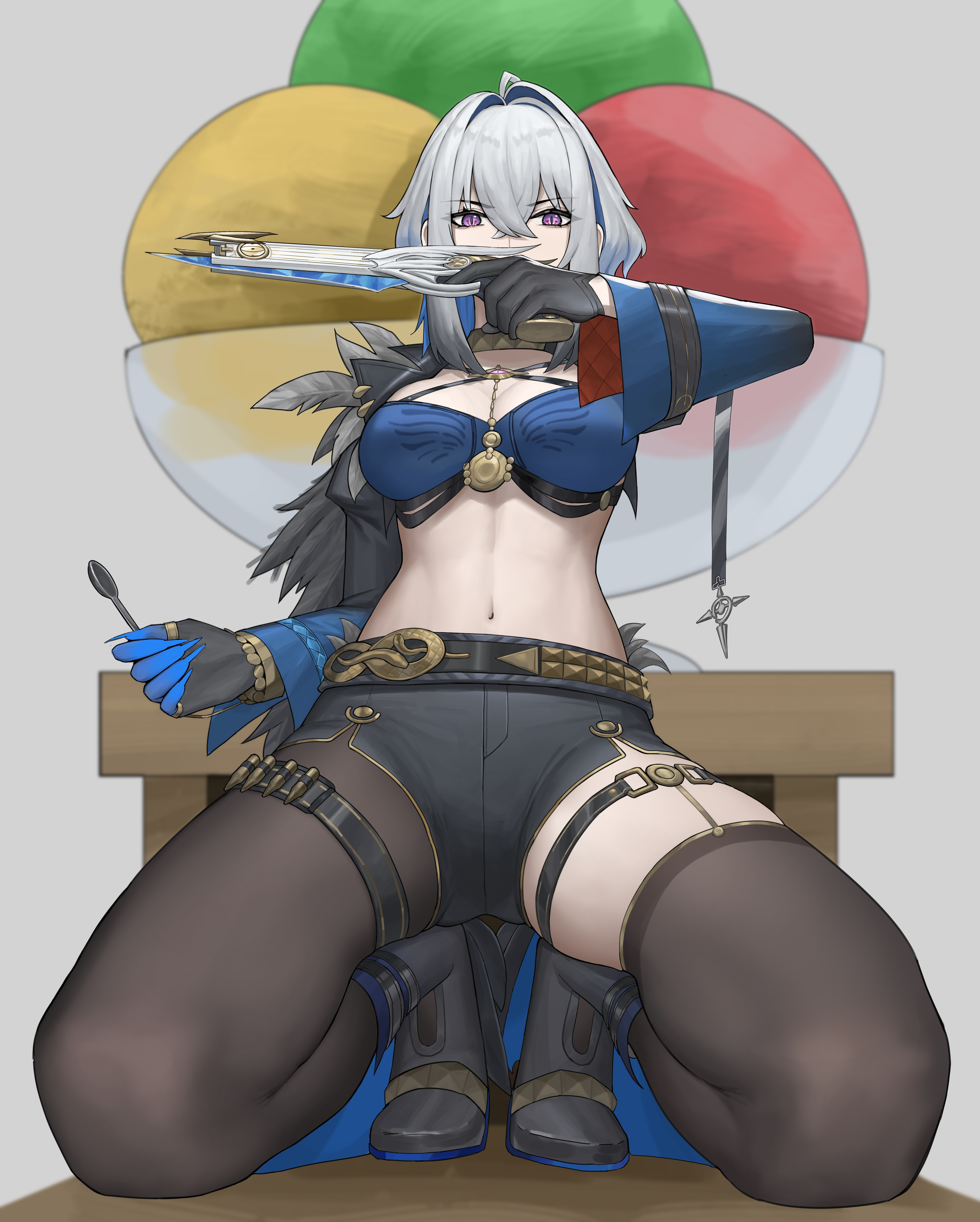 sa-baaa, galbrena (wuthering waves), wuthering waves, absurdres, commentary request, highres, partial commentary, 1girl, arm up, black gloves, black jacket, black pantyhose, black thighhighs, blue bra, bra, breasts, cropped jacket, food, gloves, grey hair, gun, hair between eyes, holding, holding gun, holding spoon, holding weapon, ice cream, jacket, looking at viewer, medium breasts, medium hair, navel, pantyhose, purple eyes, single leg pantyhose, single thighhigh, solo, spoon, stomach, sundae, thigh strap, thighhighs, underwear, weapon