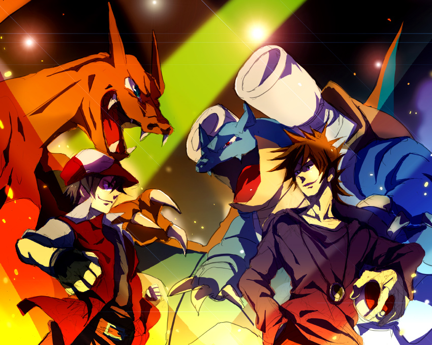 blastoise, blue oak, charizard, red (pokemon), nintendo, pokemon, pokemon rgby, 1990s (style), 2boys, belt, brown hair, epic, gen 1 pokemon, gloves, hat, holding, holding poke ball, jacket, male focus, multiple boys, poke ball, pokemon (creature), retro artstyle, smirk