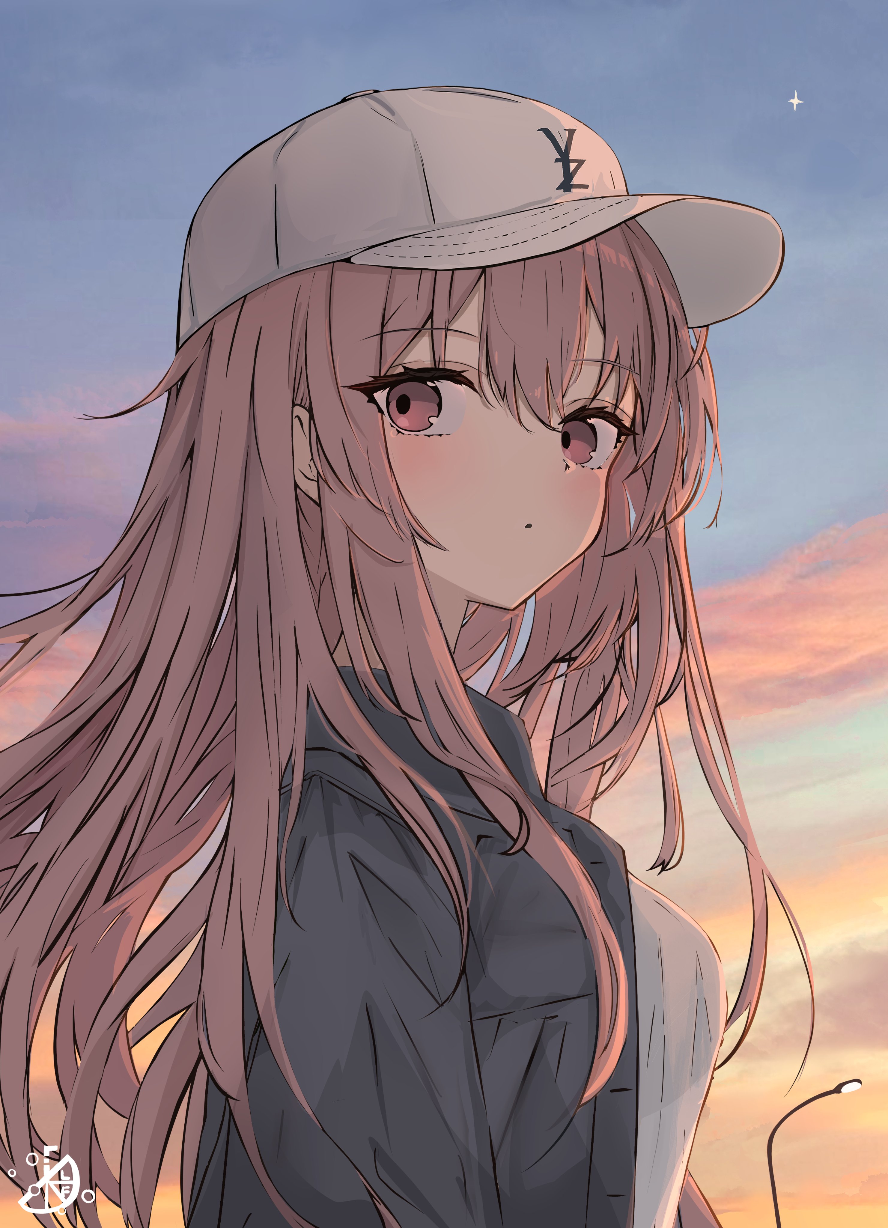 okamic, limelight lemonade jam, absurdres, commentary, highres, 1girl, artist logo, backlighting, baseball cap, blush, expressionless, eyelashes, grey jacket, hair between eyes, harumi ena, hat, jacket, logo, long hair, looking at viewer, open clothes, open jacket, outdoors, parted lips, pink eyes, pink hair, shirt, solo, sunset, tsurime, upper body, very long hair, white hat, white shirt