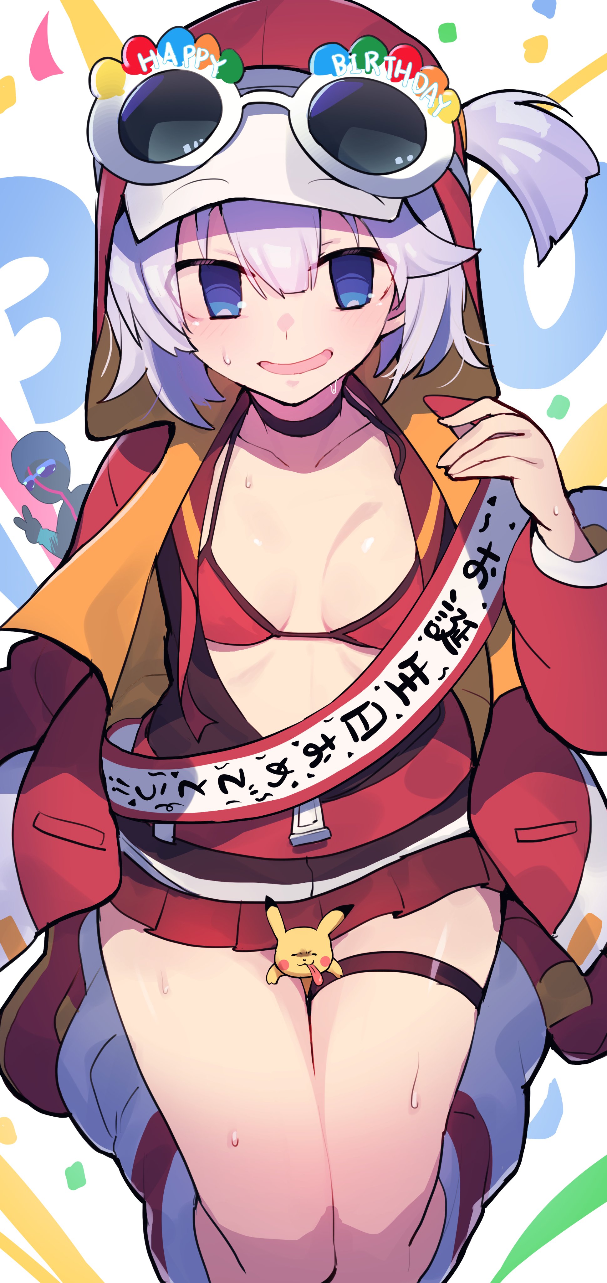 matsumoto tomoyohi, pikachu, nintendo, original, pokemon, absurdres, commentary request, highres, 1girl, between thighs, bikini, birthday sash, black choker, blue eyes, borrowed character, breasts, breasts apart, choker, choppy bangs, cowboy shot, eyewear on head, full body, gen 1 pokemon, grey hair, hair between eyes, hand up, happy birthday, hood, hood up, hooded jacket, jacket, long sleeves, looking at viewer, miniskirt, one side up, open clothes, open jacket, open mouth, red bikini, red jacket, red skirt, short hair, skirt, small breasts, smile, solo focus, sunglasses, sweat, swimsuit, thigh strap, thighs, upper body