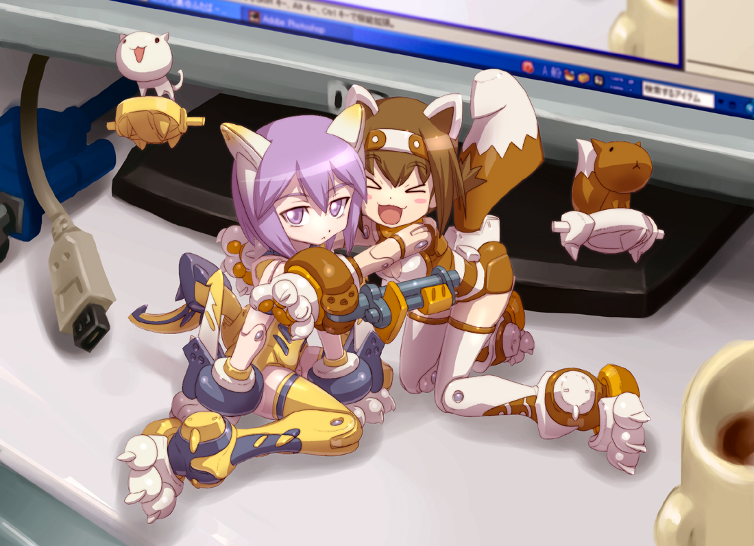 yabe makoto, partio, pomock, busou shinki, bad id, bad pixiv id, 10s, 2girls, doll joints, joints, leotard, mecha musume, mini person, minigirl, multiple girls