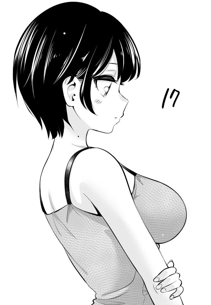 hinoharaf (14310486), original, commentary request, 1girl, arm at side, bare shoulders, blush, breasts, camisole, closed mouth, expressionless, from side, greyscale, hand on own arm, hand on own elbow, large breasts, mole, mole on neck, monochrome, nape, profile, short hair, simple background, solo, spaghetti strap, upper body, very short hair, white background