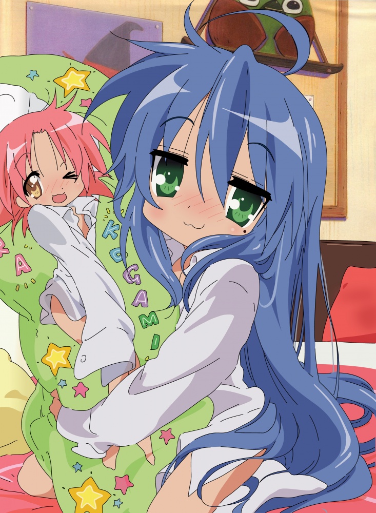 izumi konata, kogami akira, lucky star, tagme, 00s, 2girls, :3, blue hair, blush, dakimakura (object), female focus, green eyes, long hair, long sleeves, multiple girls, pillow, pink hair, short hair, solo focus, wink