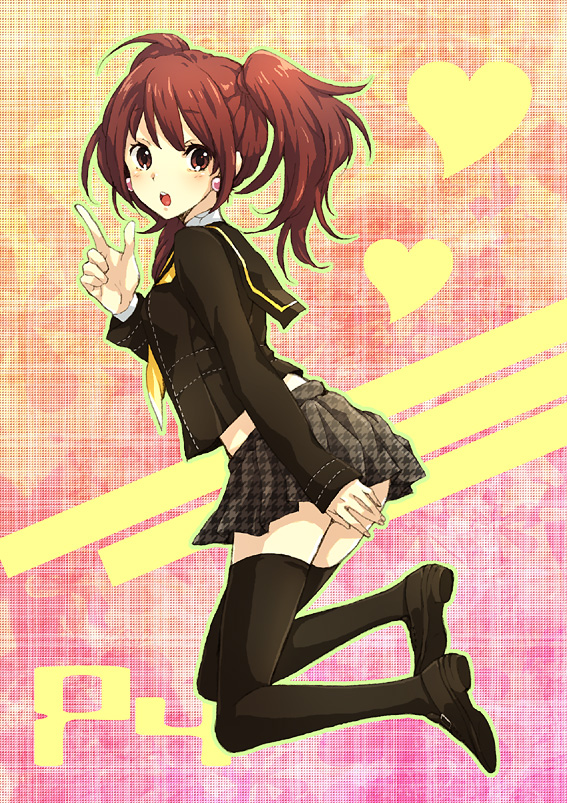 tayako, kujikawa rise, atlus, persona, persona 4, bad id, bad pixiv id, 1girl, black thighhighs, brown eyes, earrings, female focus, houndstooth, jewelry, midriff, miniskirt, pleated skirt, red hair, school uniform, serafuku, skirt, solo, thighhighs, twintails, zettai ryouiki