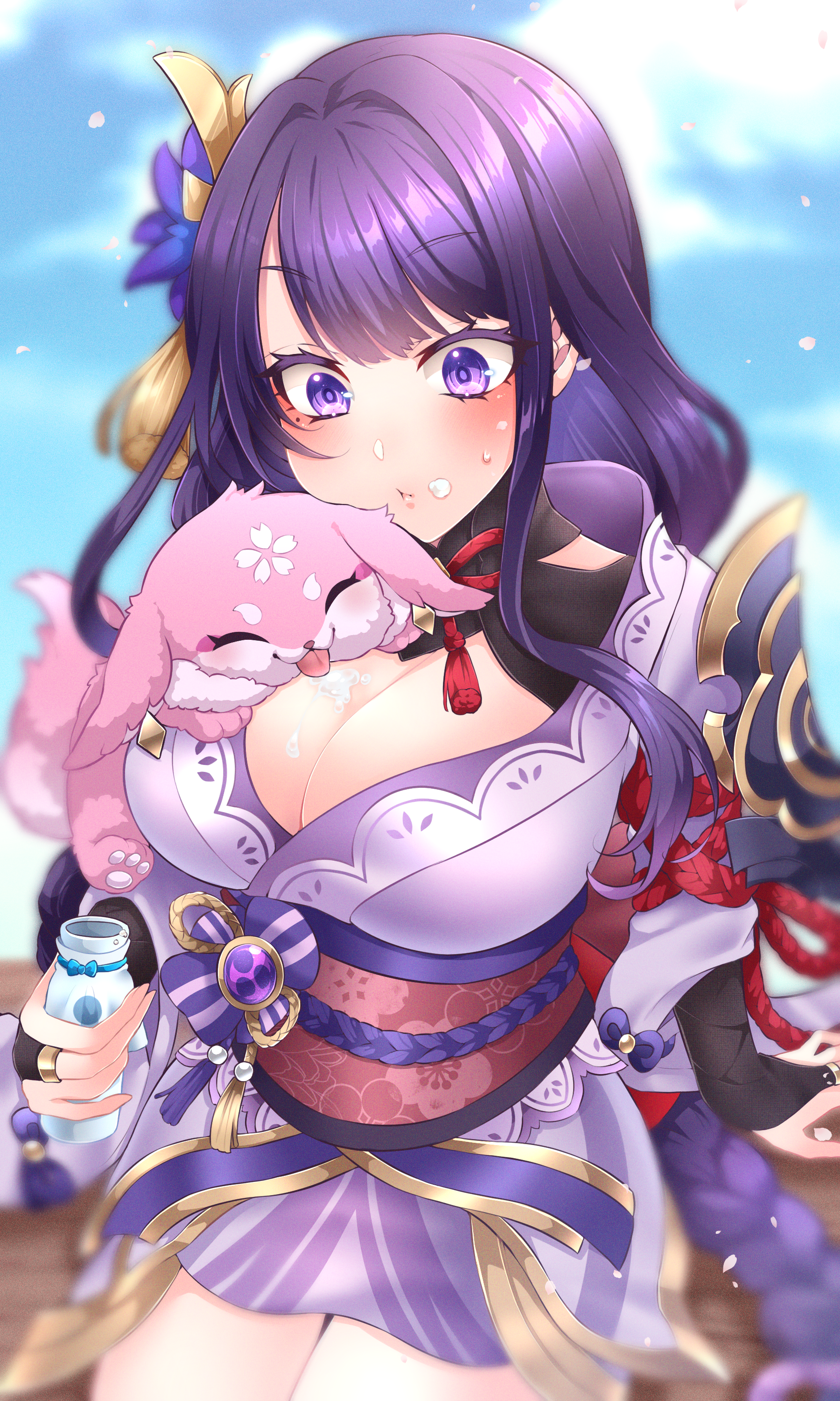 raiden shogun, yae miko, yae miko (fox), genshin impact, absurdres, commentary request, highres, 1girl, armor, blue sky, blunt bangs, blurry, blurry background, blush, breasts, bridal gauntlets, chewing, cleavage, clothing cutout, cloud, cloudy sky, dango milk (genshin impact), depth of field, eating, electro symbol (genshin impact), embarrassed, flower, flower ornament, food on body, food on breasts, fox, fox girl, hair ornament, huge breasts, japanese clothes, kimono, licking, licking breast, long sleeves, looking down, mole, mole under eye, neck ribbon, on bench, outdoors, purple eyes, purple flower, purple kimono, red ribbon, red sash, ribbon, sash, shoulder armor, shoulder cutout, sitting, sky, solo focus, thighs, tongue, tongue out, wide-eyed, yuri, yuritouri