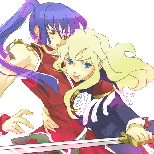 mihara (081mhrs), himemiya anthy, saotome alto, sheryl nome, tenjou utena, macross, macross frontier, shoujo kakumei utena, bad id, bad pixiv id, lowres, 1boy, 1girl, cosplay, crossdressing, epaulettes, himemiya anthy (cosplay), parody, simple background, sword, tenjou utena (cosplay), weapon