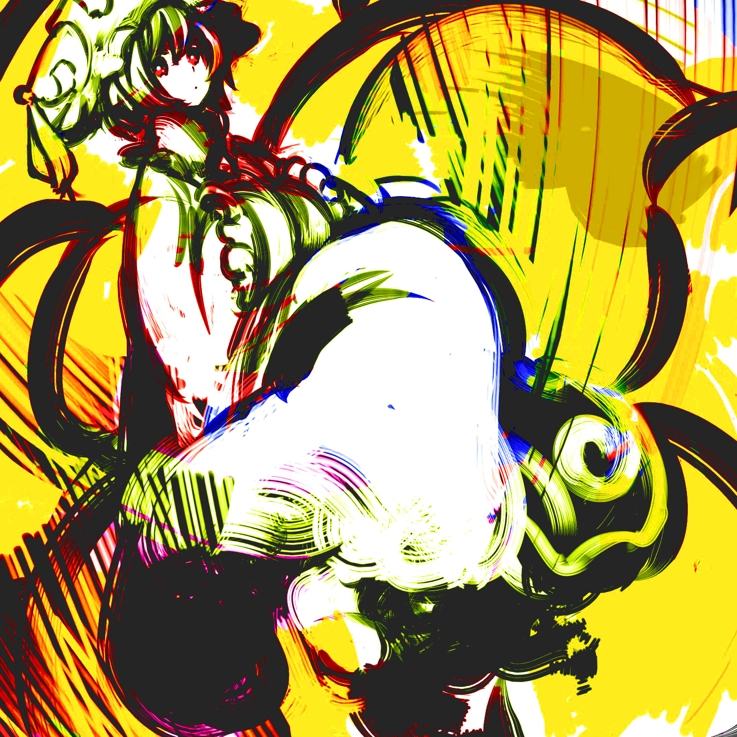 ue (parinko), yakumo ran, touhou, bad id, bad pixiv id, highres, 1girl, animal ears, animal hat, female focus, hands in opposite sleeves, hat, long sleeves, looking at viewer, mob cap, red eyes, short hair, solo, tassel, wide sleeves