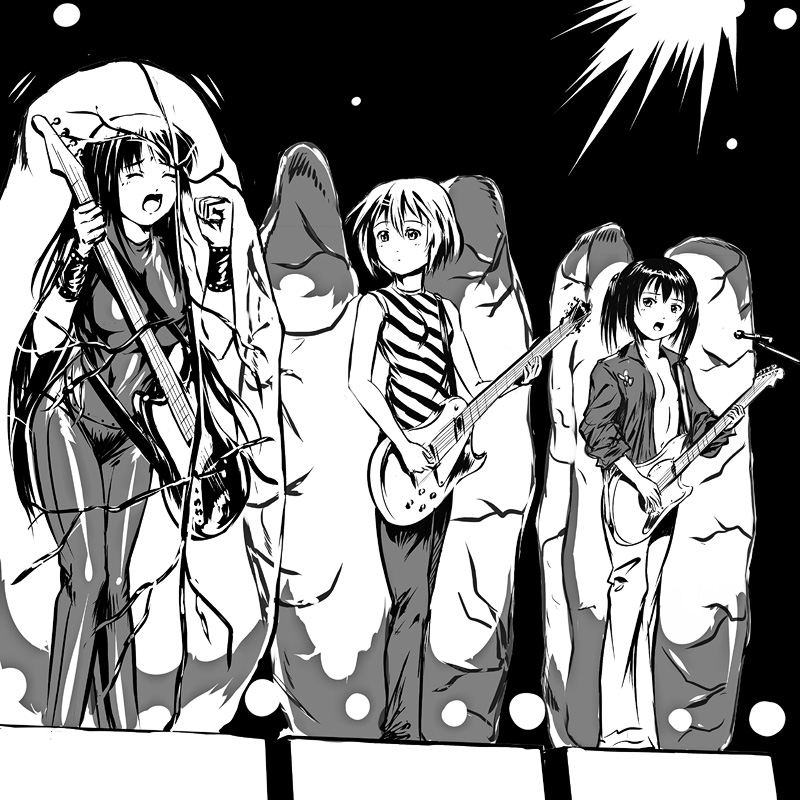 s zenith lee, akiyama mio, hirasawa yui, nakano azusa, k-on!, spinal tap, 3girls, bass guitar, black hair, blunt bangs, blush, electric guitar, gibson les paul, greyscale, hime cut, instrument, long hair, monochrome, multiple girls, mustang (guitar), parody, twintails