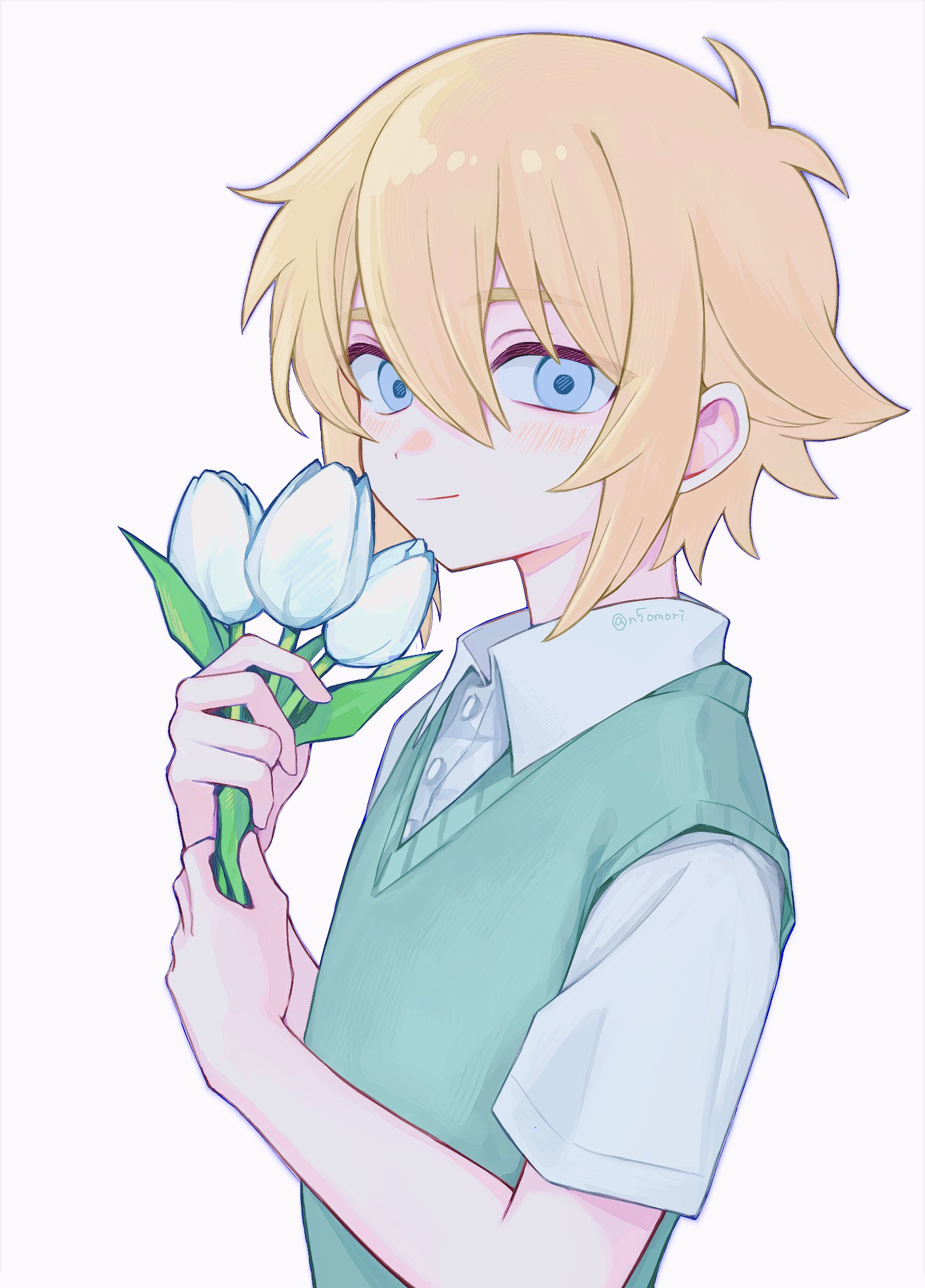 sebon (sebochin), basil (faraway) (omori), basil (omori), omori, highres, 1boy, antenna hair, blonde hair, blue eyes, blush, closed mouth, collared shirt, double-parted bangs, flower, green sweater vest, hair between eyes, holding, holding flower, looking at viewer, male focus, shirt, short hair, short sleeves, sidelocks, simple background, smile, solo, sweater vest, tulip, twitter username, upper body, white background, white flower, white shirt, white tulip
