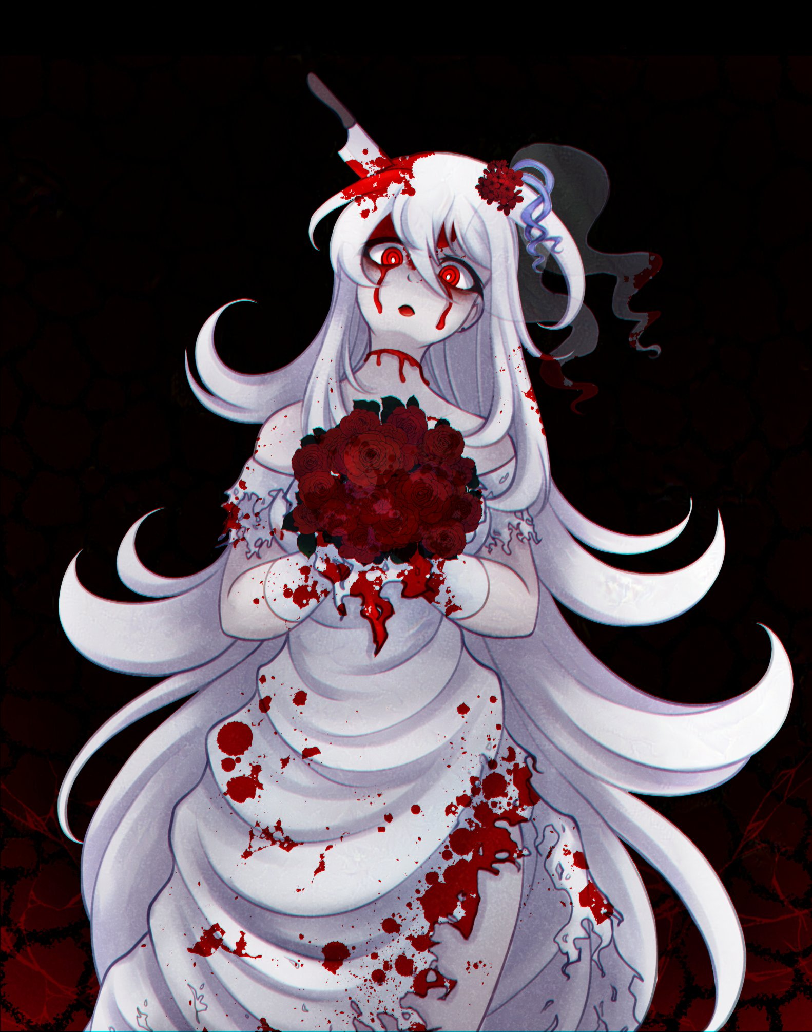 chanpotei, sukone tei, utau, adversarial noise, commentary, english commentary, highres, 1girl, blood, blood in hair, bloody tears, blue ribbon, bouquet, bridal veil, bright pupils, dark, dress, elbow gloves, flower, gloves, glowing, glowing eyes, hair flower, hair ornament, holding, holding bouquet, horror (theme), knife, knife in head, long hair, looking at viewer, object through head, open mouth, pale skin, red eyes, red flower, ribbon, slit throat, solo, veil, very long hair, wedding dress, white dress, white gloves, white hair, white pupils