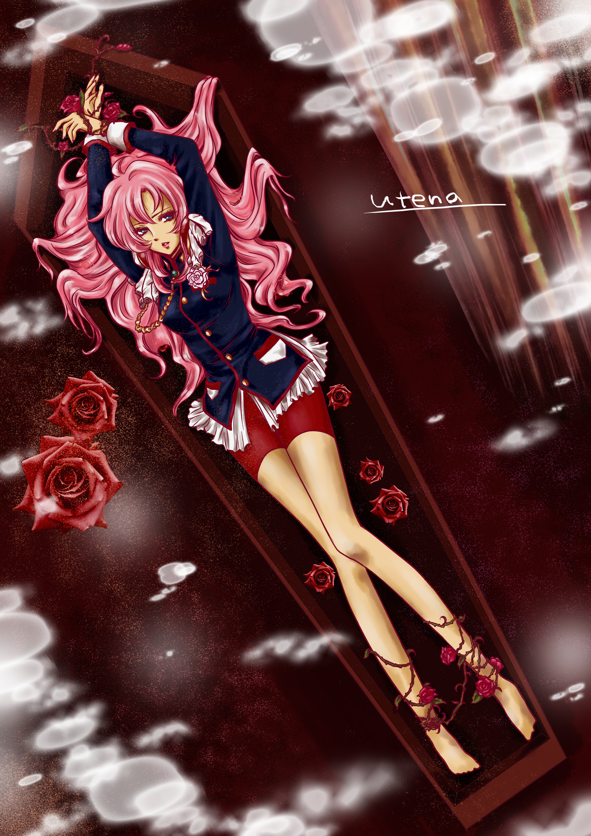 sun (pixiv), tenjou utena, shoujo kakumei utena, absurdres, bad id, bad pixiv id, highres, 1990s (style), 1girl, aiguillette, barefoot, character name, female focus, flower, retro artstyle, rose, solo