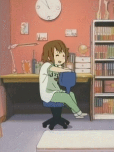 hirasawa yui, k-on!, screencap, animated, animated gif, lowres, 00s, 1girl, bookshelf, brown hair, chair, clock, closed eyes, desk, female focus, full body, happy, indoors, short hair, solo